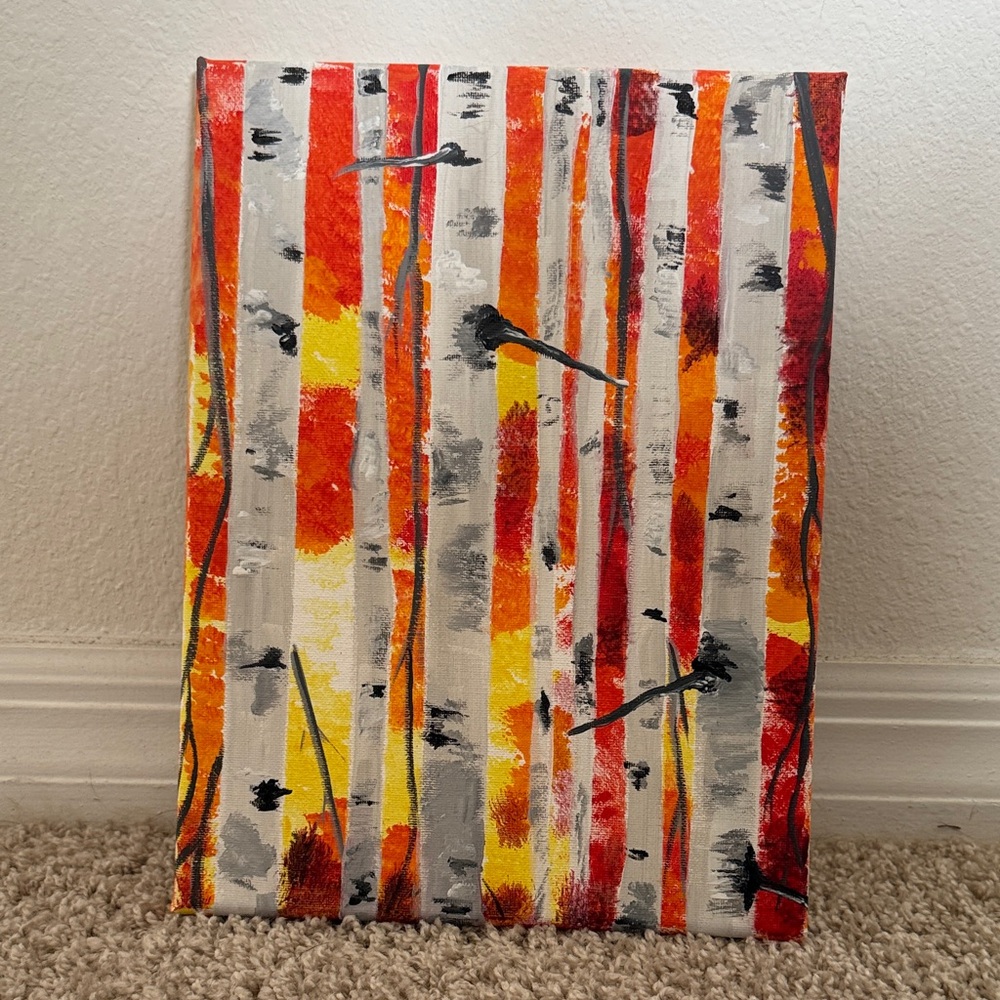 Abstract Birch Tree Canvas Wall Art - Red, Orange, Yellow